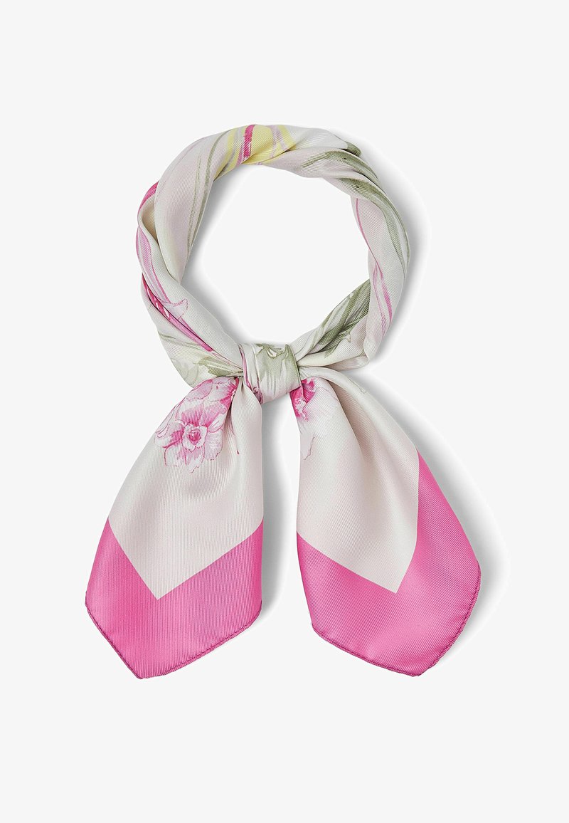 Pañuelo cuadrado de seda con bordes rosas y patrones florales, atado en un nudo suelto.