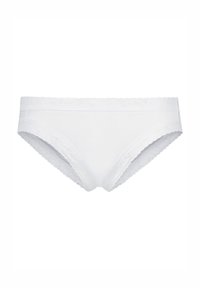 White cotton brief with a smooth texture, featuring a scalloped lace trim at the waist and leg openings for a delicate detail.