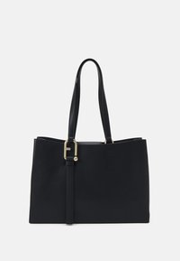 Sac fourre-tout en cuir noir avec deux longues poignées, doté d'une boucle en or et d'un design structuré. Texture lisse, forme rectangulaire.