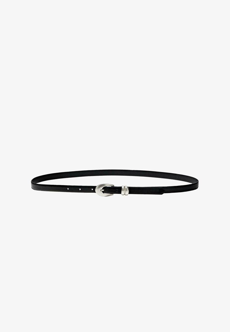 Black leather belt, narrow design, features a silver-toned hook buckle, with multiple adjustment holes for sizing. Smooth texture throughout.
