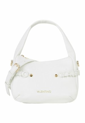 Sac à main Valentino en cuir blanc avec poignée supérieure, bandoulière ajustable, ferrures dorées et logo embossé à l'avant.