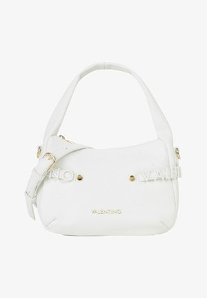 Sac à main Valentino en cuir blanc avec poignée supérieure, bandoulière ajustable, ferrures dorées et logo embossé à l'avant.