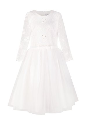 White long-sleeve dress with lace floral bodice, pearl embellishments, fitted waist, and full tulle skirt.