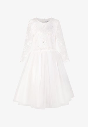 Robe blanche à manches longues avec corsage floral en dentelle, ornements en perles, taille cintrée et jupe ample en tulle.