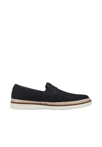 Zapato negro sin cordones con textura trenzada, que presenta una suela intermedia estilo yute y una suela de goma. El diseño incluye agujeros de ventilación en la parte superior.