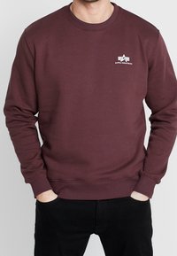 Sudadera burdeos hecha de tejido suave, con cuello redondo, puños acanalados y un pequeño logo blanco en el pecho.