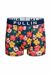 Boxer-briefs pour homme avec une base bleu marine ornée d'un motif floral vibrant en rouge, jaune et rose, complétés par une ceinture bleu marine portant le texte "PULLIN".