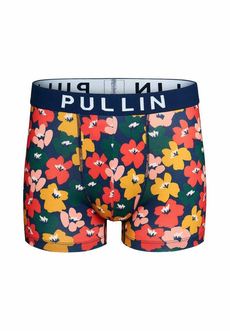 Boxer-briefs pour homme avec une base bleu marine ornée d'un motif floral vibrant en rouge, jaune et rose, complétés par une ceinture bleu marine portant le texte "PULLIN".
