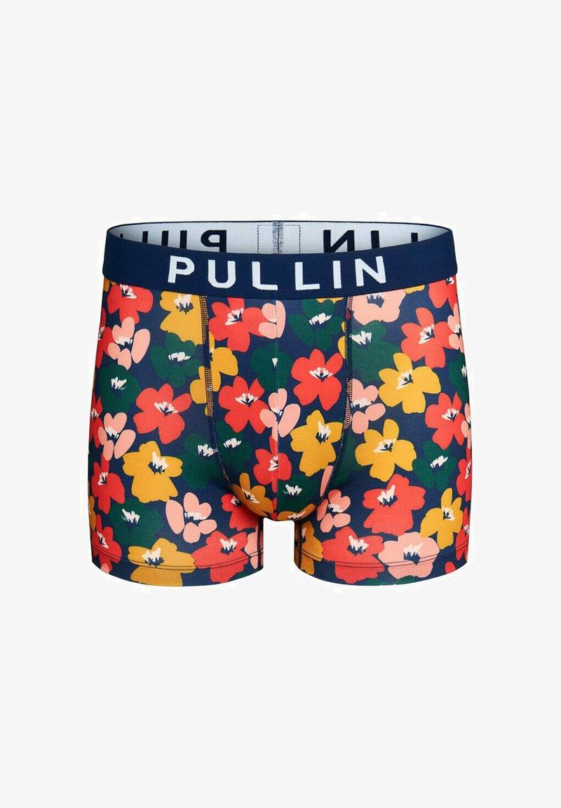 Boxer-briefs pour homme avec une base bleu marine ornée d'un motif floral vibrant en rouge, jaune et rose, complétés par une ceinture bleu marine portant le texte "PULLIN".