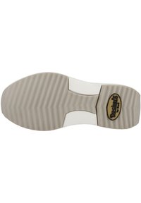 Rubber shoe sole with ribbed pattern, featuring a white midsole and a prominent logo. The sole is beige with textured grip for traction.