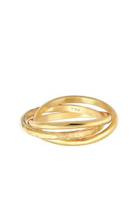 Sæt af ringe i guldtonet metal bestående af tre sammenflettede bånd. Ét bånd har en tekstureret overflade, mens de andre er glatte og skinnende. Stemplet 925.
