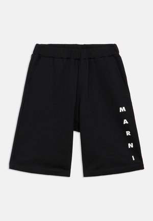 Black cotton shorts featuring an elastic waistband, two side pockets, and white lettering spelling "MARNI" along the left leg.