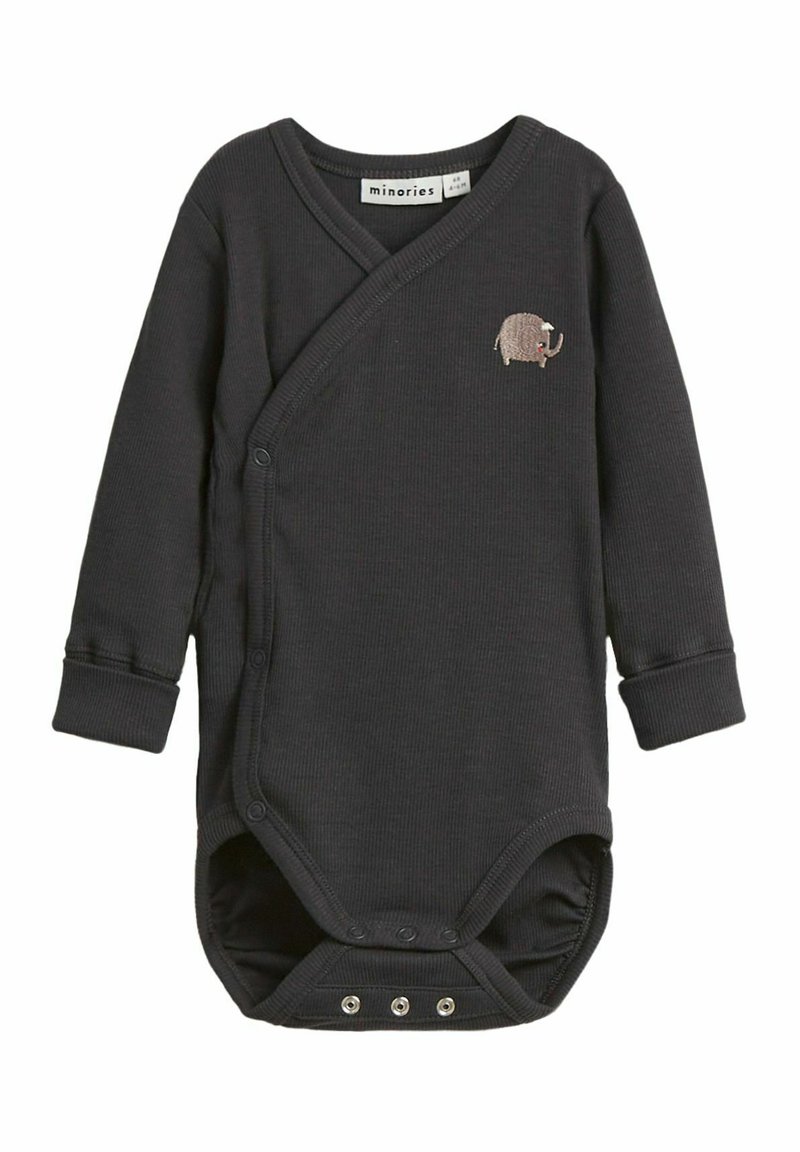 Wrap-stil sort bodysuit i ribbet materiale, med et lille broderet mammutdesign, lange ærmer og trykknapper i bunden.