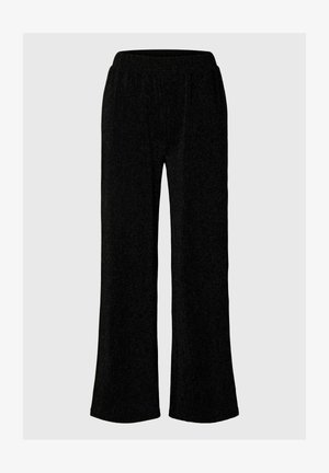 Zwarte wijde broek met elastische tailleband, gemaakt van een zachte, gestructureerde stof, tentoongesteld op een neutrale grijze achtergrond.