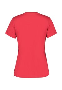 Camiseta roja de manga corta con escote redondo, textura suave y diseño sencillo; no contiene patrones ni detalles visibles.