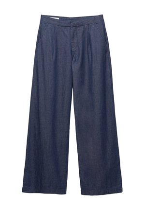 Wide-leg trousers made of dark denim, featuring a smooth texture, front pockets, and a pleated design at the waistband.
