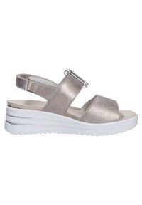 Metallic silver sandal with a wide strap, adjustable back, and white platform sole featuring layered ridges for traction.