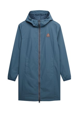 Waterdichte blauwe jas met capuchon, lange mouwen, ritssluiting en een logo op de borst. Kenmerkt zich door elastische cuffs en een lichtgewicht ontwerp.