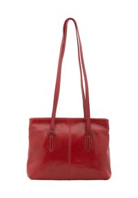 Borsa a tracolla rossa in pelle con due manici allungati, texture liscia e design minimalista. Presenta una leggera lucentezza e fianchi dritti.