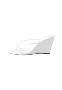 White wedge sandal with thin crisscross straps and open toe, shown in profile on a white background.