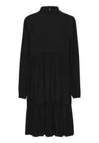 Black long-sleeve dress with a high ruffled neckline, tiered skirt, and textured fabric. Features a keyhole button closure at the back.