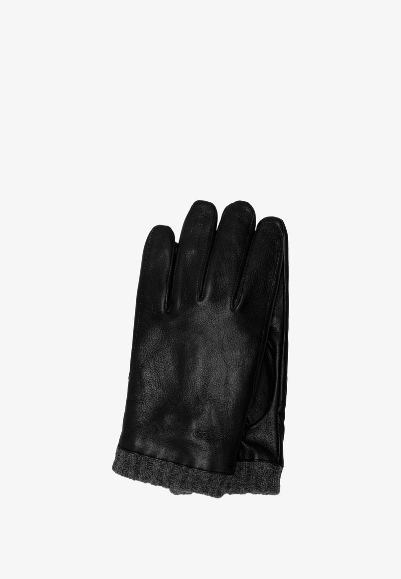 Schwarze Lederhandschuhe mit einem weichen grauen Strickbündchen. Mit strukturierten Fingern und glatter Oberfläche. Geeignet für kaltes Wetter.