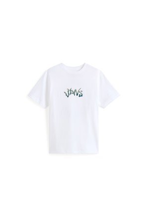 T-shirt en coton blanc présentant un design de logo graphique en vert et bleu centré sur la poitrine, avec des manches courtes et un col rond.