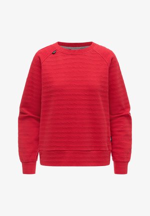 Maglione rosso a maniche lunghe con girocollo, linee orizzontali in rilievo e polsini a coste, con una piccola etichetta con logo nero vicino al colletto.