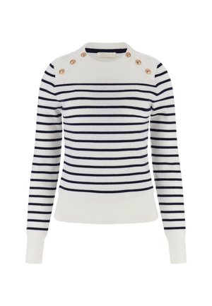 Witte trui met marineblauwe strepen, geribbelde textuur, ronde halslijn en drie decoratieve knopen op elke schouder.