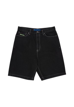 Mustad teksapüksid esitaskutega, nööbi- ja tõmblukuga ning nähtavate valgete õmblustega õmbluste ümber.