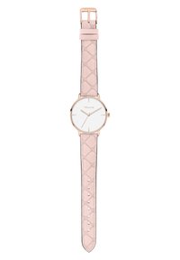 Runde Uhr mit einem weißen Zifferblatt und Akzenten aus Roségold. Das Armband besteht aus hellrosa Leder mit einem strukturierten Muster und silbernen Details, einschließlich Löchern zur Anpassung.