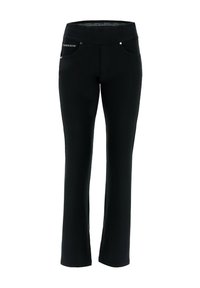 Mustat housut, joissa on venyvä vyötärö, kaksi etutaskua ja kapea malli. Kangas näyttää sileältä ja siinä on vähäisesti yksityiskohtia.