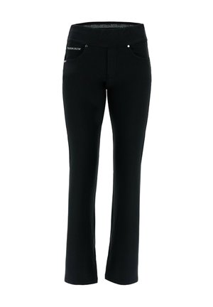 Mustat housut, joissa on venyvä vyötärö, kaksi etutaskua ja kapea malli. Kangas näyttää sileältä ja siinä on vähäisesti yksityiskohtia.