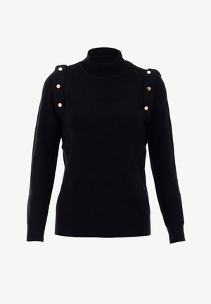 Pull noir à côtes avec un col haut, comportant des boutons dorés sur l'épaule. Texture lisse et design ajusté, manches longues.