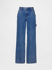 Blå denim vide ben jeans med høj talje, med frontknaplukning, fem lommer og rå kantdetaljer ved ærmerne.