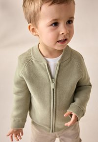 Pull zippé vert clair avec texture côtelée, encolure ronde et manches longues. Porté sur une chemise blanche, associé à un pantalon beige clair.