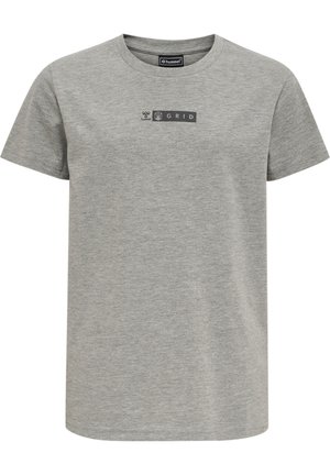 Grijze katoenen t-shirt met korte mouwen, ronde hals, voorzien van een bedrukte logo op de voorkant. De stof heeft een gladde textuur.