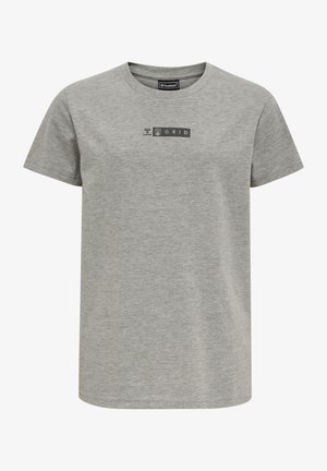 Grijze katoenen t-shirt met korte mouwen, ronde hals, voorzien van een bedrukte logo op de voorkant. De stof heeft een gladde textuur.