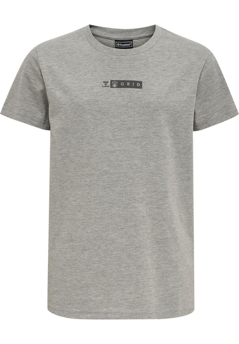 Grå bomull t-shirt med korta ärmar, rund halsringning, med en tryckt logotyp på framsidan. Tyg med en slät yta.