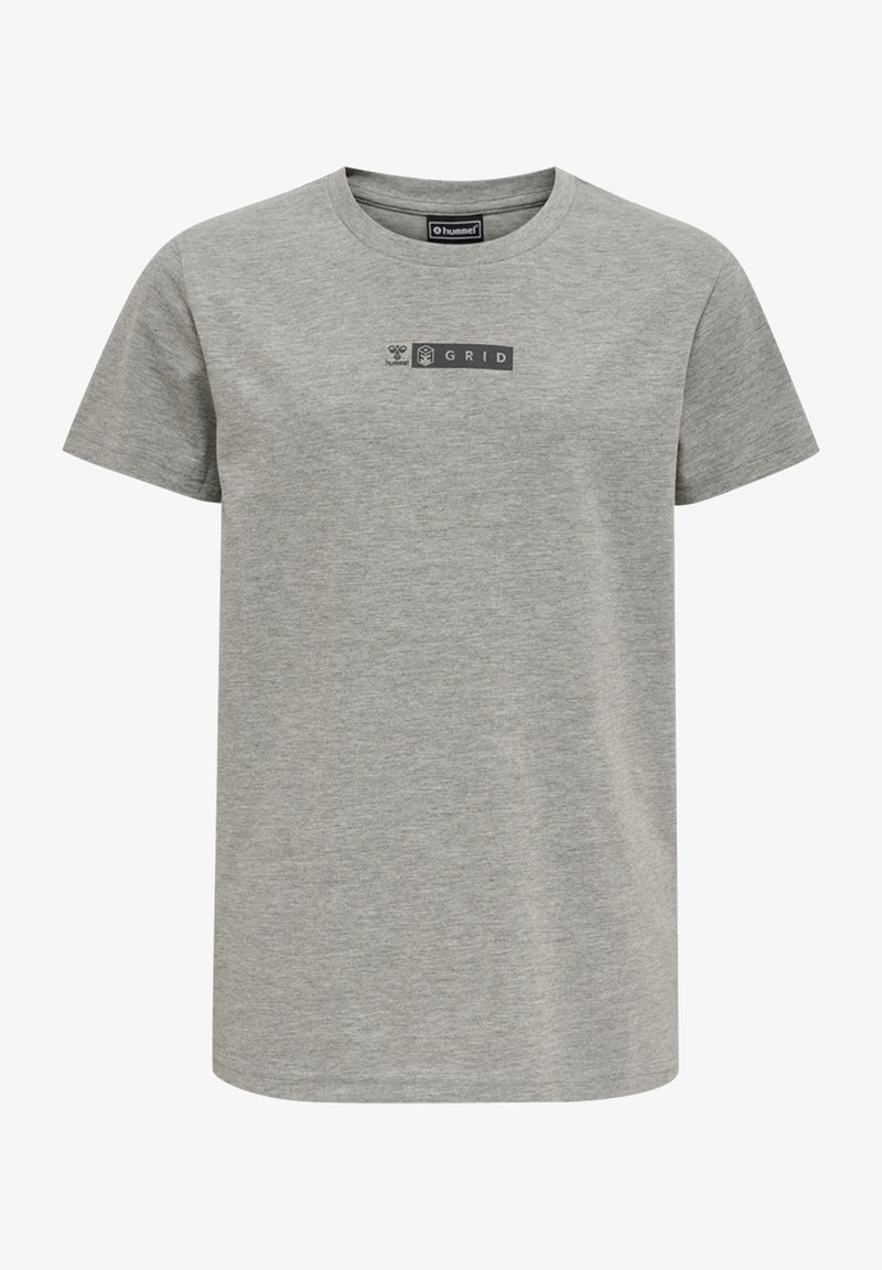 Grå bomull t-shirt med korta ärmar, rund halsringning, med en tryckt logotyp på framsidan. Tyg med en slät yta.