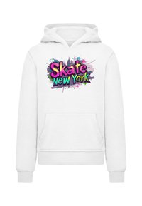 Biała bluza z kapturem z kolorowym nadrukiem graficznym z napisem "Skate New York", z przetarciami i z przodu kieszenią typu kangurka.