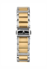 Orologio metallico con cinturino in argento e oro. Caratterizzato da maglie rettangolari, finitura lucida e un quadrante nero con il logo del marchio.