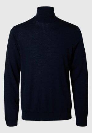 Navyblauwe coltrui, lange mouwen, geribde manchetten en zoom, gemaakt van zacht materiaal met een gladde textuur en een minimalistisch design.