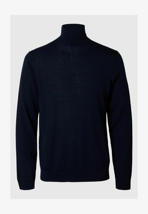 Navyblauwe coltrui, lange mouwen, geribde manchetten en zoom, gemaakt van zacht materiaal met een gladde textuur en een minimalistisch design.