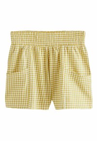 Rumene kratke hlače iz gingham blaga z elastičnim pasom, dvema stranskima žepoma in ohlapnim krojem. Tkanina ima mrežni vzorec z izmeničnimi barvami.