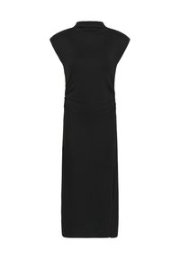 Rochie neagră fără mâneci, cu guler înalt, detalii pliate în talie și o crăpătură pe lateral, dintr-un material elastic și neted.