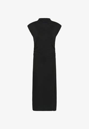 Melna bezpalakšu kleita ar augstu apkakli, savilkumiem viduklī un sānu izgriezumu, izgatavota no gludas, elastīgas auduma.