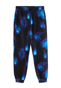 Sorte joggingbukser med et livligt blåt mønster af vandmænd, elastisk talje og manchetter, lavet af et blødt, strækbart stof.