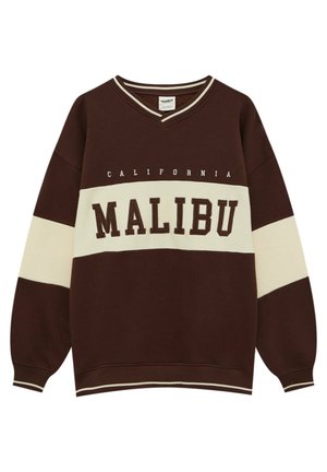 Brązowa i beżowa bluza z długim rękawem z napisem "CALIFORNIA MALIBU", dekoltem w serek i beżowymi paskami na rękawach i klatce piersiowej.