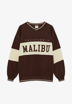 Brązowa i beżowa bluza z długim rękawem z napisem "CALIFORNIA MALIBU", dekoltem w serek i beżowymi paskami na rękawach i klatce piersiowej.